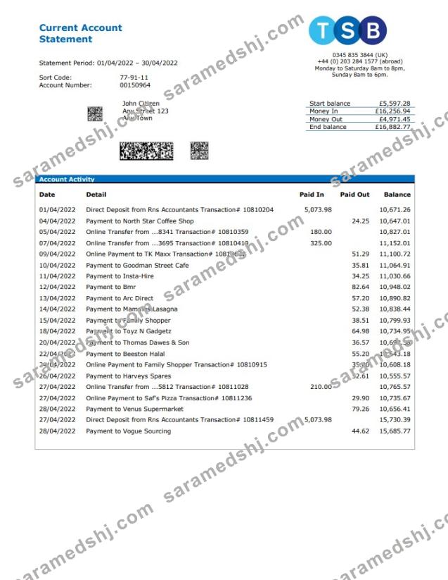 United Kingdom TSB bank statement, Word and PDF template
